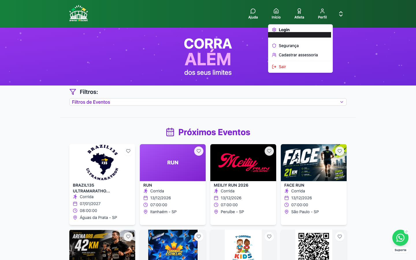 Menu Perfil com o link Cadastrar assessoria