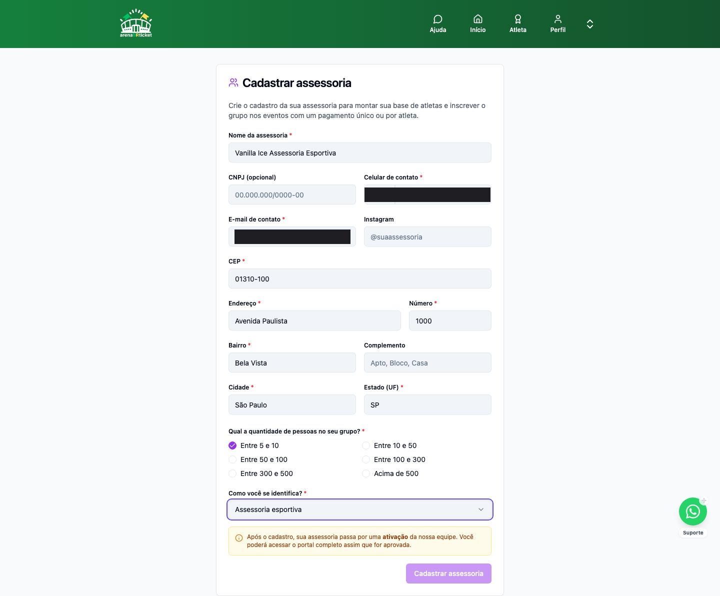 Formulário de cadastro da assessoria preenchido