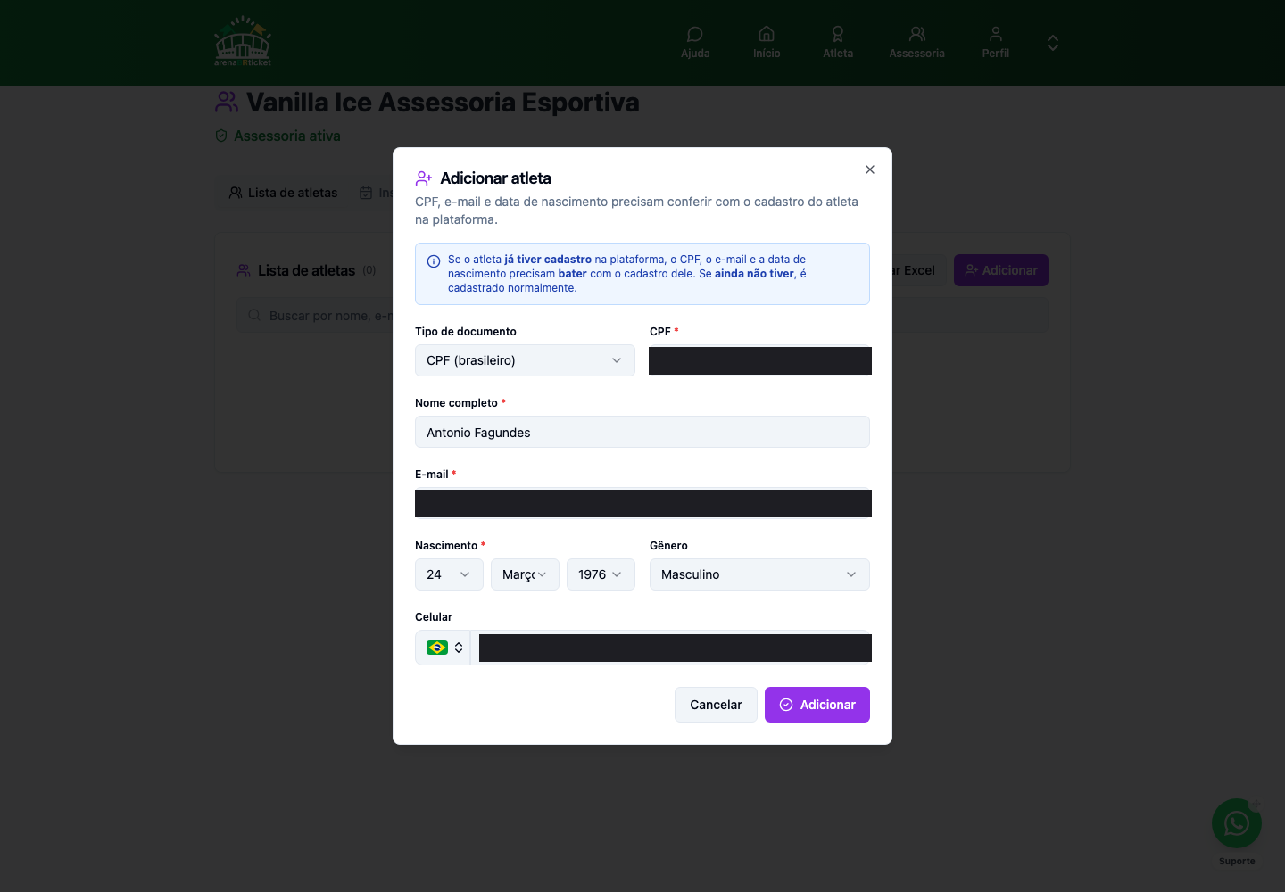 Modal de adicionar atleta ao roster