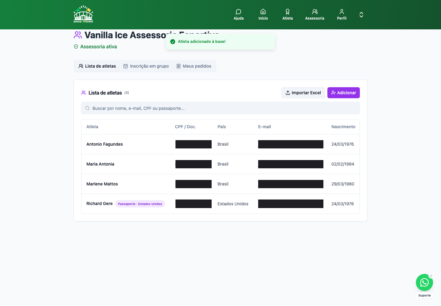 Lista de atletas com 4 atletas cadastrados