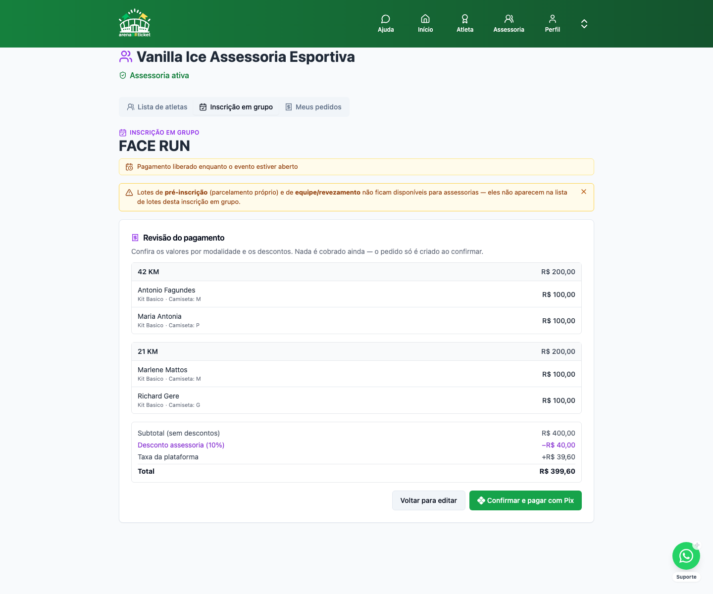 Tela de revisão do pagamento por modalidade